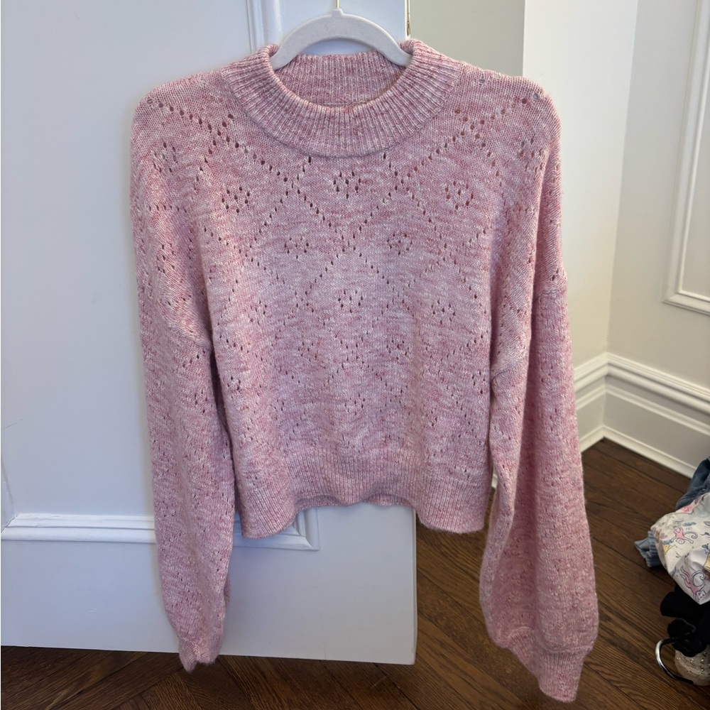 MAJORELLE Amelia Blush Pink Open-Knit Crewneck Sweater